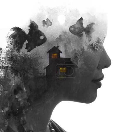 Photo for In a digital painting and photography approach, a womans portrait is blended with a painting of a home with yellow lights on and fish swimming above. - Royalty Free Image