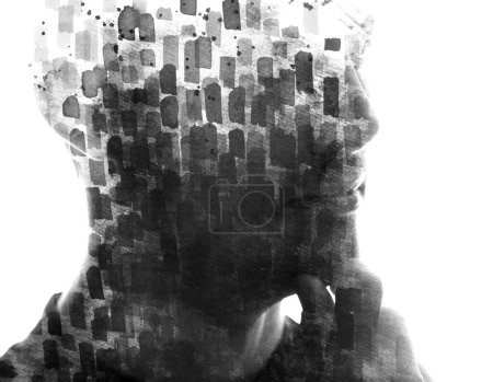 Photo for A concept black and white paintography portrait of a man thinking combined with brush strokes pattern on a white background - Royalty Free Image