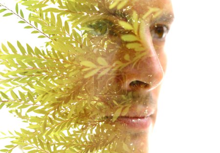 Téléchargez les photos : Portrait d'un visage d'homme combiné à une photo de feuilles et branches vert clair en double exposition technique - en image libre de droit