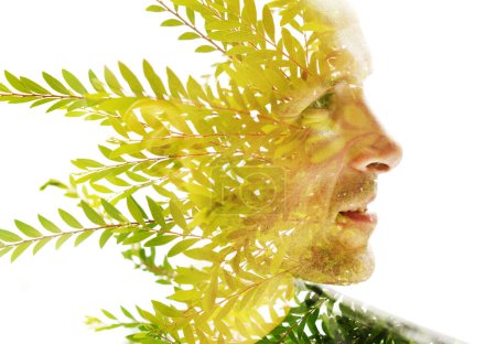 Téléchargez les photos : Portrait d'un profil d'homme en double exposition combiné à une photo de branches aux feuilles vertes - en image libre de droit