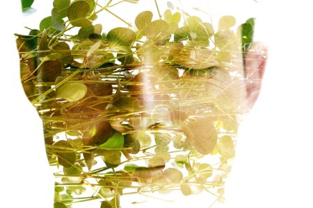 Foto de Retrato frontal completo de un hombre combinado con hojas verdes en técnica de doble exposición - Imagen libre de derechos