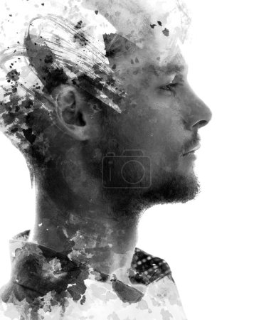 Photo for A concept black and white paintography portrait of a mans profile combined with paint splashes and brush strokes on white background - Royalty Free Image