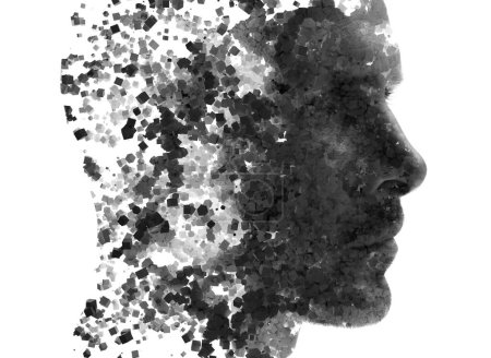 Photo for A closeup portrait of a mans profile combined with paint splatter pattern in double exposure technique - Royalty Free Image