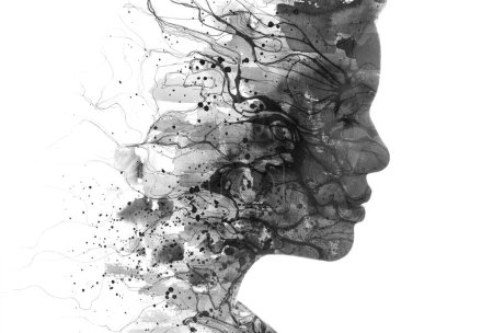 Photo for A black and white portrait of a womans profile combined with abstract curve pattern and paint stains in a paintography technique - Royalty Free Image