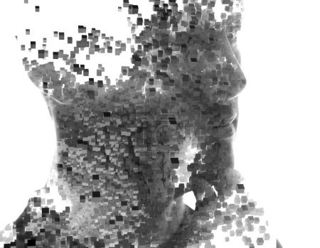 Photo for A portrait of a man thinking combined with a pattern of small 3D cubes in a double exposure technique - Royalty Free Image