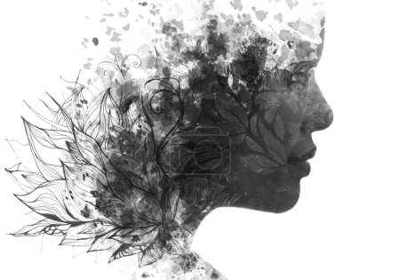 Photo for A black and white portrait of a womans profile combined with abstract linear pattern in a paintography technique - Royalty Free Image
