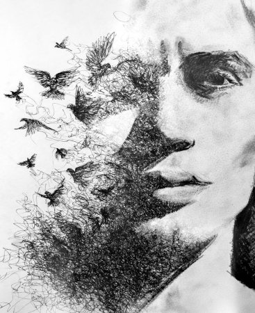 Photo for An artistic black and white closeup portrait of a man combined with a painting of flying birds in paintography technique - Royalty Free Image