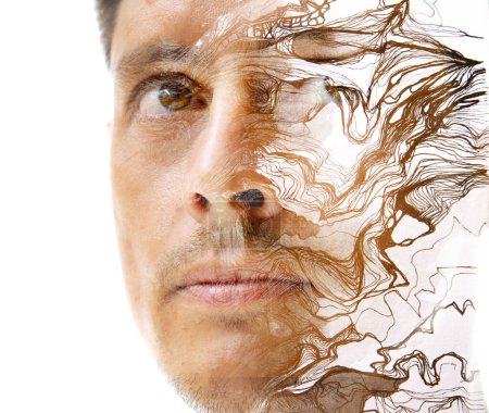 Téléchargez les photos : Portrait d'homme combiné à un motif linéaire abstrait dans une technique de peinture - en image libre de droit