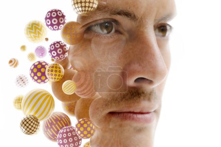 Photo for A double exposure portrait of a mans face on white background combined with textured 3D spheres - Royalty Free Image