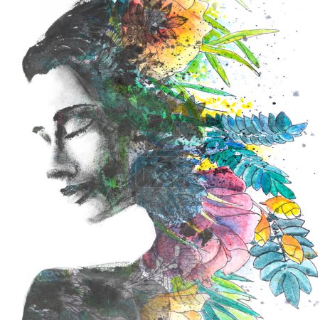 Foto de Un retrato de pintura de un perfil de mujer con los ojos cerrados combinados con colorido dibujo floral - Imagen libre de derechos