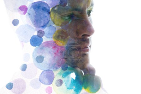 Photo for A colorful portrait of a man thinking combined with painted circles in paintography technique - Royalty Free Image
