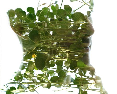 Téléchargez les photos : Un portrait conceptuel d'une silhouette tête d'homme combiné à une photo de plantes vertes en double exposition technique - en image libre de droit