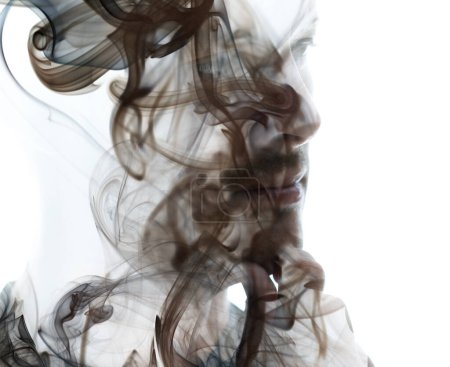 Photo for A creative portrait of a man combined with a picture smoke swirls on a white background - Royalty Free Image