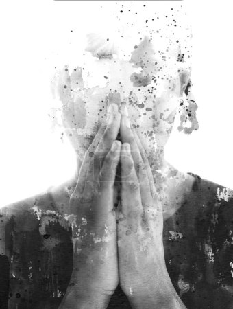 A conceptual black and white paintography portrait combined with abstract paint stains and splashes disappearing into white background