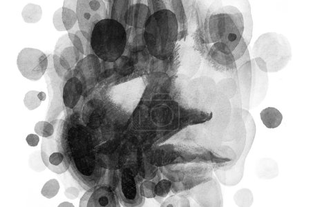 Foto de Un primer plano de retrato en blanco y negro combinado con un patrón de círculo abstracto en técnica de pintura - Imagen libre de derechos
