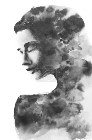 Foto de Retrato en blanco y negro de una mujer con ojos cerrados combinados con daubs de pintura en técnica de pintura - Imagen libre de derechos