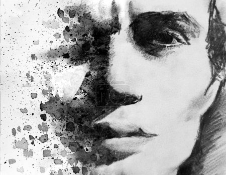 Téléchargez les photos : Portrait en gros plan noir et blanc d'un homme en technique de peinture - en image libre de droit