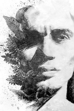 Téléchargez les photos : Portrait d'homme peint en noir et blanc combiné à une peinture sur feuillage dans une technique de peinture - en image libre de droit