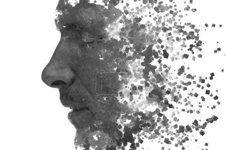 Photo for A black and white male profile portrait combined with an abstract 3D cube pattern in double exposure technique - Royalty Free Image