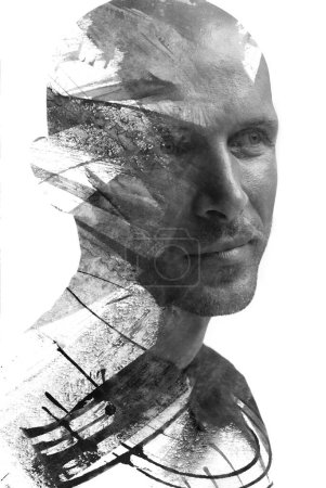 Photo for A black and white portrait of a man looking sideways combined with a brush strokes painting in double exposure technique - Royalty Free Image