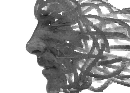 Photo for A black and white male profile portrait combined with an abstract 3D pattern in double exposure technique - Royalty Free Image