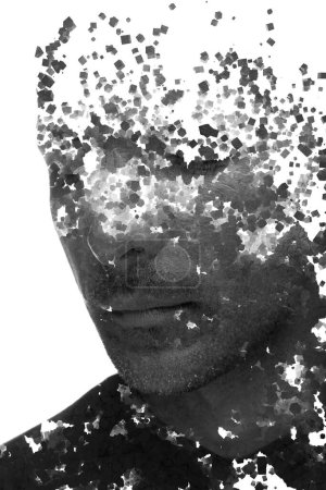 Foto de Retrato en blanco y negro de un hombre combinado con un patrón de cubo 3D en técnica de doble exposición - Imagen libre de derechos