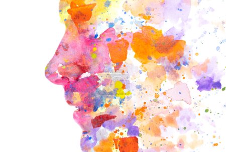 Photo for A paintography male profile portrait silhouette combined with an abstract colorful paint stains pattern in double exposure technique - Royalty Free Image