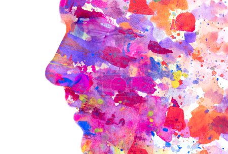 Photo for A paintography male profile portrait silhouette combined with an abstract colorful dense paint stains pattern in double exposure technique - Royalty Free Image