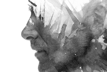 Foto de Un retrato de perfil de hombre blanco y negro combinado con una textura de salpicadura de pintura abstracta en una técnica de pintura de doble exposición - Imagen libre de derechos