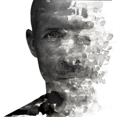 Photo for A black and white portrait of a man combined with a paint stain texture in double exposure technique - Royalty Free Image