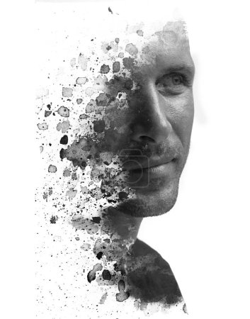 Photo for A black and white portrait of a man looking sideways combined with a painting of paint splashes in double exposure technique - Royalty Free Image