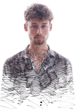 Photo for A young mans full-front portrait combined with hatching texture in a double exposure technique - Royalty Free Image