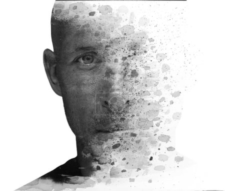 Photo for A black and white portrait of a man combined with paint stains in double exposure technique. - Royalty Free Image
