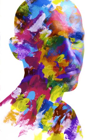 Téléchargez les photos : Portrait d'un homme regardant latéralement combiné avec des traits de peinture abstraits colorés dans une technique de double exposition - en image libre de droit