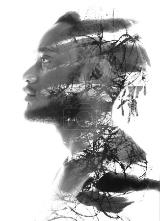 Photo for A monochrome profile portrait of a man combined with an abstract graphical painting and paint strokes texture in double exposure technique - Royalty Free Image