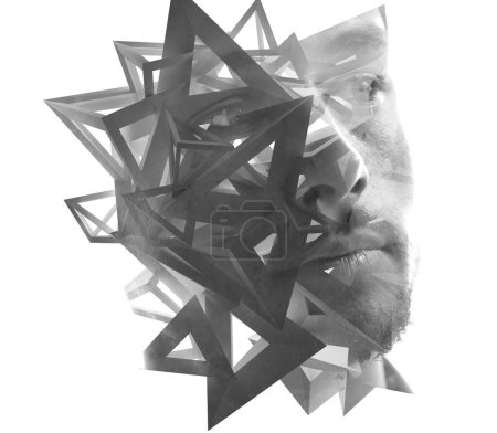 Photo for A black and white portrait of a young man combined with abstract 3D shapes in a double exposure technique - Royalty Free Image