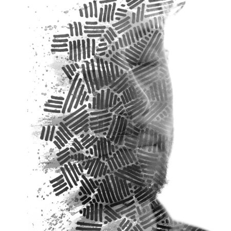 Téléchargez les photos : Portrait noir et blanc d'un demi-visage d'homme combiné à une peinture linéaire graphique dans une technique de double exposition - en image libre de droit