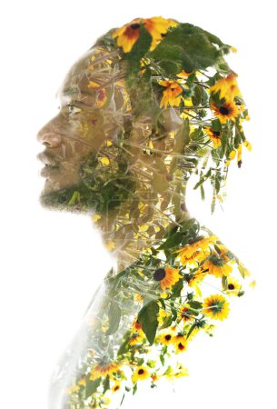 Photo for A profile portrait of a man combined with a photo of yellow flowers in double exposure technique - Royalty Free Image