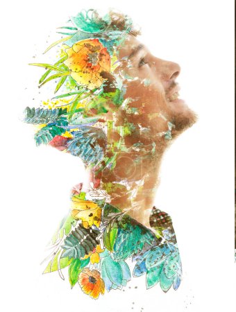 Téléchargez les photos : Une silhouette de profil mans combinée à une peinture de fleurs, créant un effet visuel intéressant et l'imprégnant d'une signification symbolique - en image libre de droit