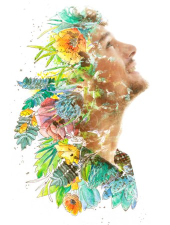 Téléchargez les photos : Une silhouette de profil mans combinée à une peinture de fleurs, lui conférant une signification symbolique - en image libre de droit