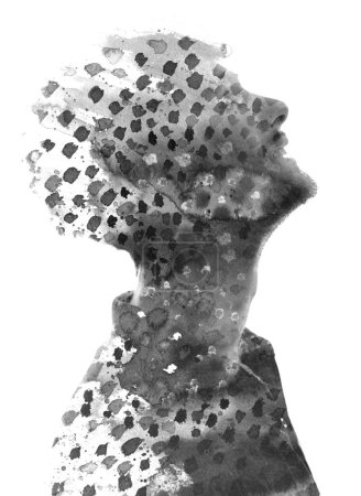 Photo for A mans profile silhouette merged with abstract ink art in a double exposure - Royalty Free Image