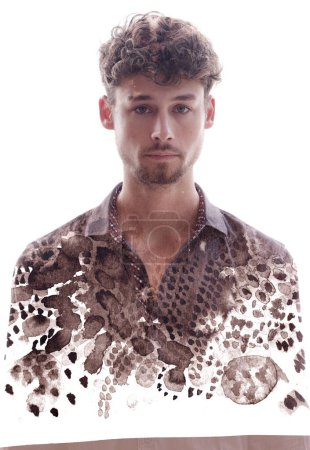 Photo for A full-front portrait of a young man combined with graphical art in double exposure, creating an effect resembling a print on his shirt - Royalty Free Image