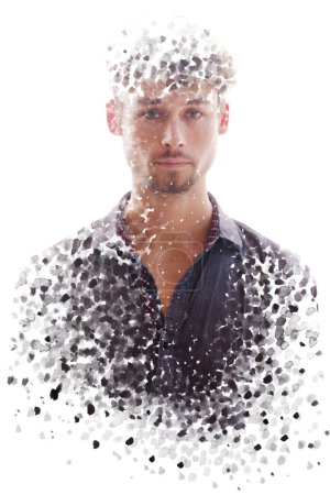 Téléchargez les photos : Un jeune homme portrait full-front combiné à une texture poinelle d'encre noire dans une technique de double exposition - en image libre de droit