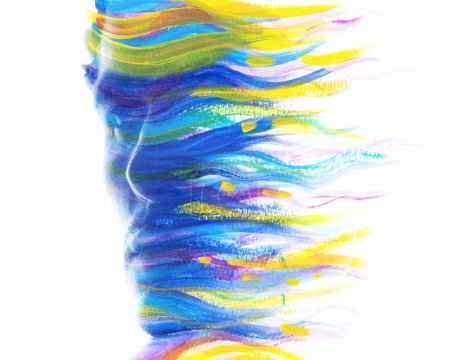Téléchargez les photos : Un portrait de profil d'un jeune homme regardant vers le côté fusionné avec un art ondulé coloré abstrait dans une peinture - en image libre de droit