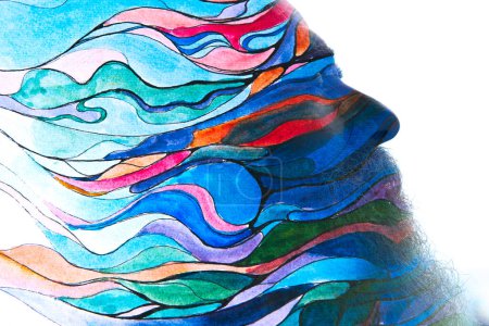 Profil d'un homme barbu fusionné avec un art abstrait coloré dans une peinture