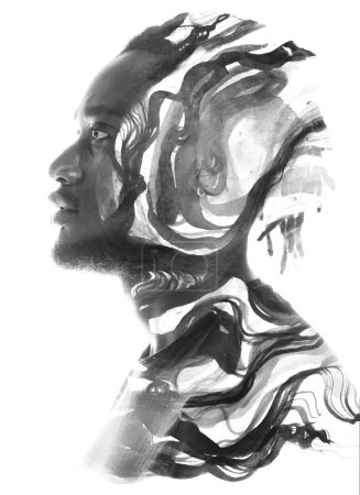 Photo for A black and white profile portrait combined with an abstract artistic painting in double exposure technique - Royalty Free Image