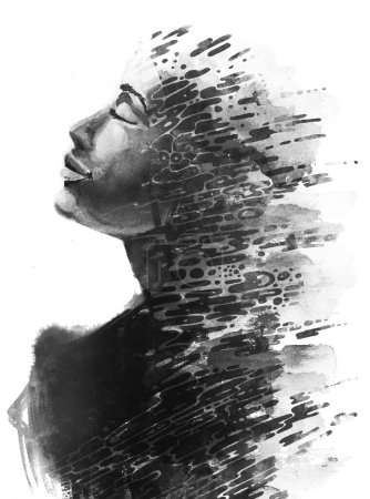 Téléchargez les photos : Portrait peint en noir et blanc d'un profil de femme les yeux fermés. Combiné avec un motif abstrait peint dans la technique de double exposition. - en image libre de droit