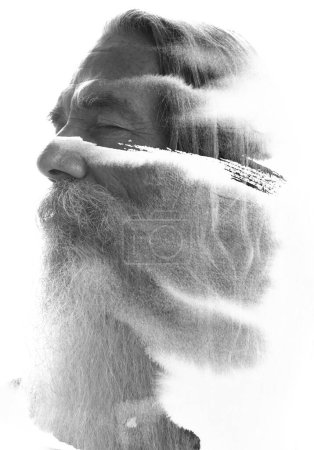 Photo for A black-and-white half-profile portrait of an old bearded man combined with watery paint strokes in double exposure. A paintography - Royalty Free Image