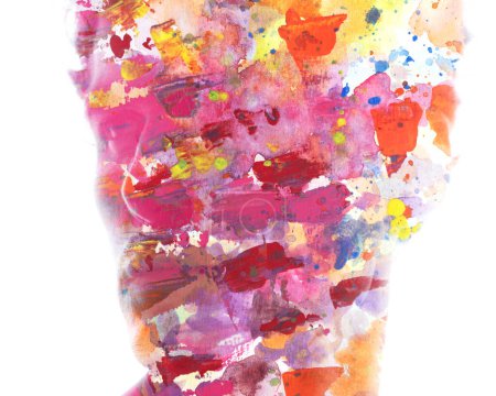 Photo for A mans silhouette portrait combined with an abstract colorful art in a cheerful paintography - Royalty Free Image