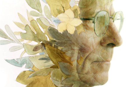 Foto de Un perfil de primer plano de un anciano con gafas fusionado con una pintura de una flor y hojas en una pintura - Imagen libre de derechos